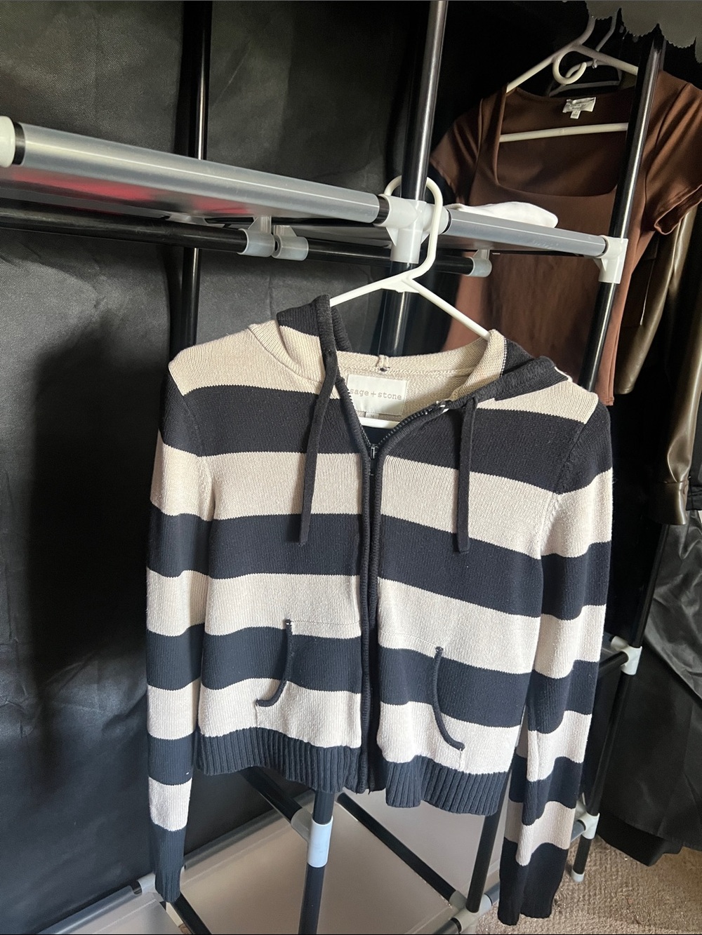 Striped Hooded Zip-Up Sweater - Cream & Navy